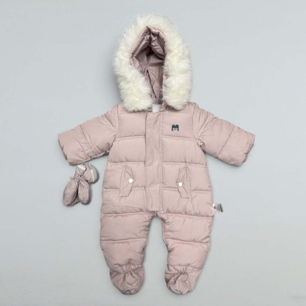 Pink Puffer Snowsuit Hooded Faux Fur Winter Romper Mittens Baby 66cm
